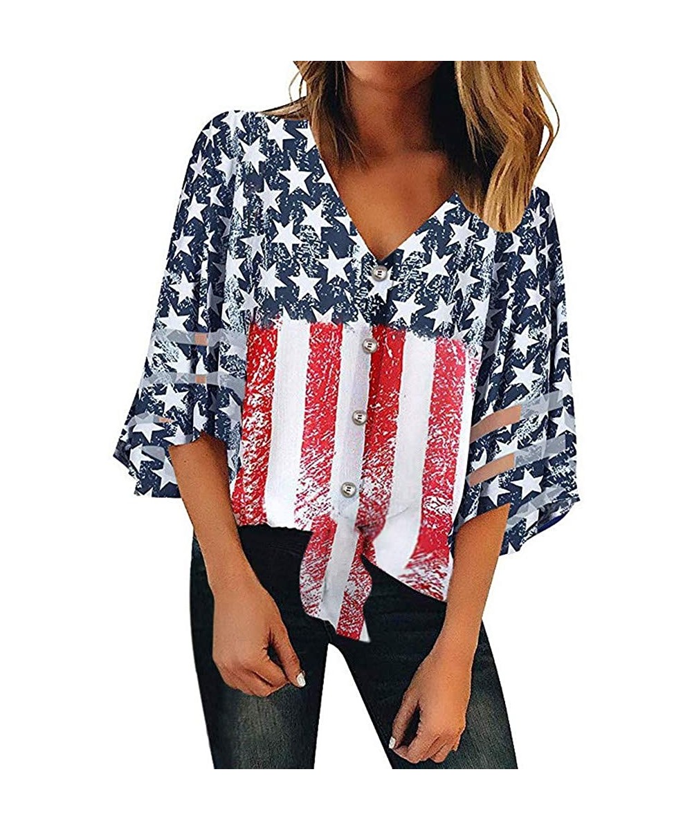 Women American Flag Off Shoulder Mesh Panel Blouse 3/4 Bell Sleeve Top Shirt - Red-a - CP18TW7CI47 $17.79-Rash Guards