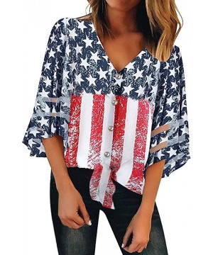 Women American Flag Off Shoulder Mesh Panel Blouse 3/4 Bell Sleeve Top Shirt - Red-a - CP18TW7CI47 $17.79-Rash Guards