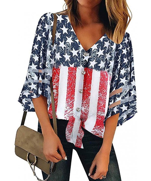 Women American Flag Off Shoulder Mesh Panel Blouse 3/4 Bell Sleeve Top Shirt - Red-a - CP18TW7CI47 $17.79-Rash Guards