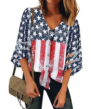 Women American Flag Off Shoulder Mesh Panel Blouse 3/4 Bell Sleeve Top Shirt - Red-a - CP18TW7CI47 $17.79-Rash Guards