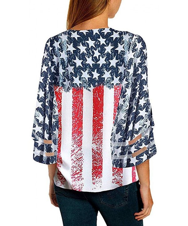 Women American Flag Off Shoulder Mesh Panel Blouse 3/4 Bell Sleeve Top Shirt - Red-a - CP18TW7CI47 $17.79-Rash Guards