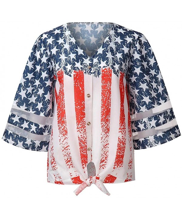 Women American Flag Off Shoulder Mesh Panel Blouse 3/4 Bell Sleeve Top Shirt - Red-a - CP18TW7CI47 $17.79-Rash Guards