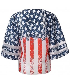 Women American Flag Off Shoulder Mesh Panel Blouse 3/4 Bell Sleeve Top Shirt - Red-a - CP18TW7CI47 $17.79-Rash Guards