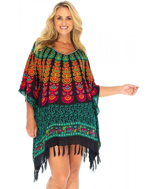 Womens Bathing Suit Swimsuit Cover Up Short Beach Poncho Boho Peacock Tunic Caftan Black Rayon - Black Colorful - CO19424E8RK...