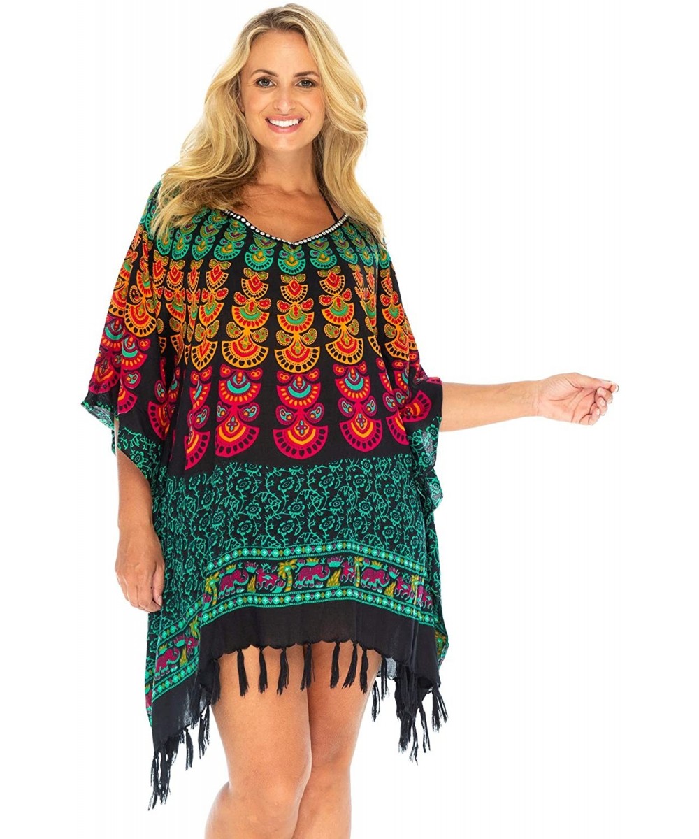 Womens Bathing Suit Swimsuit Cover Up Short Beach Poncho Boho Peacock Tunic Caftan Black Rayon - Black Colorful - CO19424E8RK...