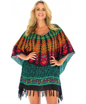 Womens Bathing Suit Swimsuit Cover Up Short Beach Poncho Boho Peacock Tunic Caftan Black Rayon - Black Colorful - CO19424E8RK...