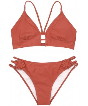 Women's Orange Braided Strap Crochet Bikini Set - CQ18NUWKTQ3 $26.16-Sets