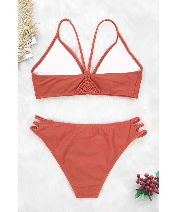 Women's Orange Braided Strap Crochet Bikini Set - CQ18NUWKTQ3 $26.16-Sets