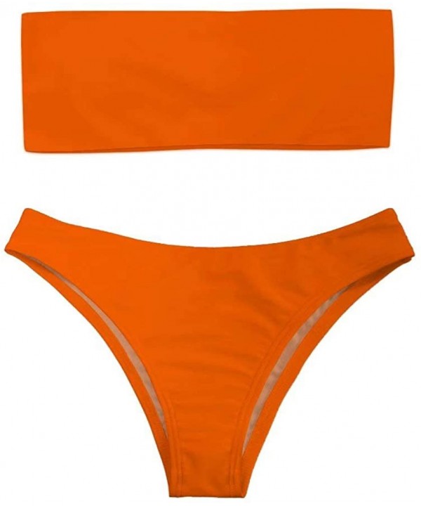 Women's Two Piece Bandeau Bikini Set Sexy Strapless High Cut Swimwear - Orange - CN18QRKQYKU $22.41-Sets