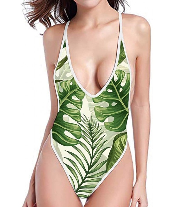 Women's Ladies Swimsuits Deep V One Piece Bathing Suits Bikini Beach Swimwear Bathing Suit - Palm Leaf-1 - CZ18QMQ7XG9 $26.21...