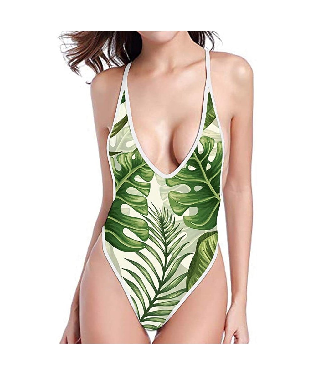 Women's Ladies Swimsuits Deep V One Piece Bathing Suits Bikini Beach Swimwear Bathing Suit - Palm Leaf-1 - CZ18QMQ7XG9 $26.21...