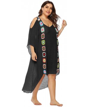 Women Plus Size Summer Swimsuit Bikini Beach Dress Crochet Floral Cold Shoulder Cover Up - Black - C518SIMMNXQ $19.29-Cover-Ups