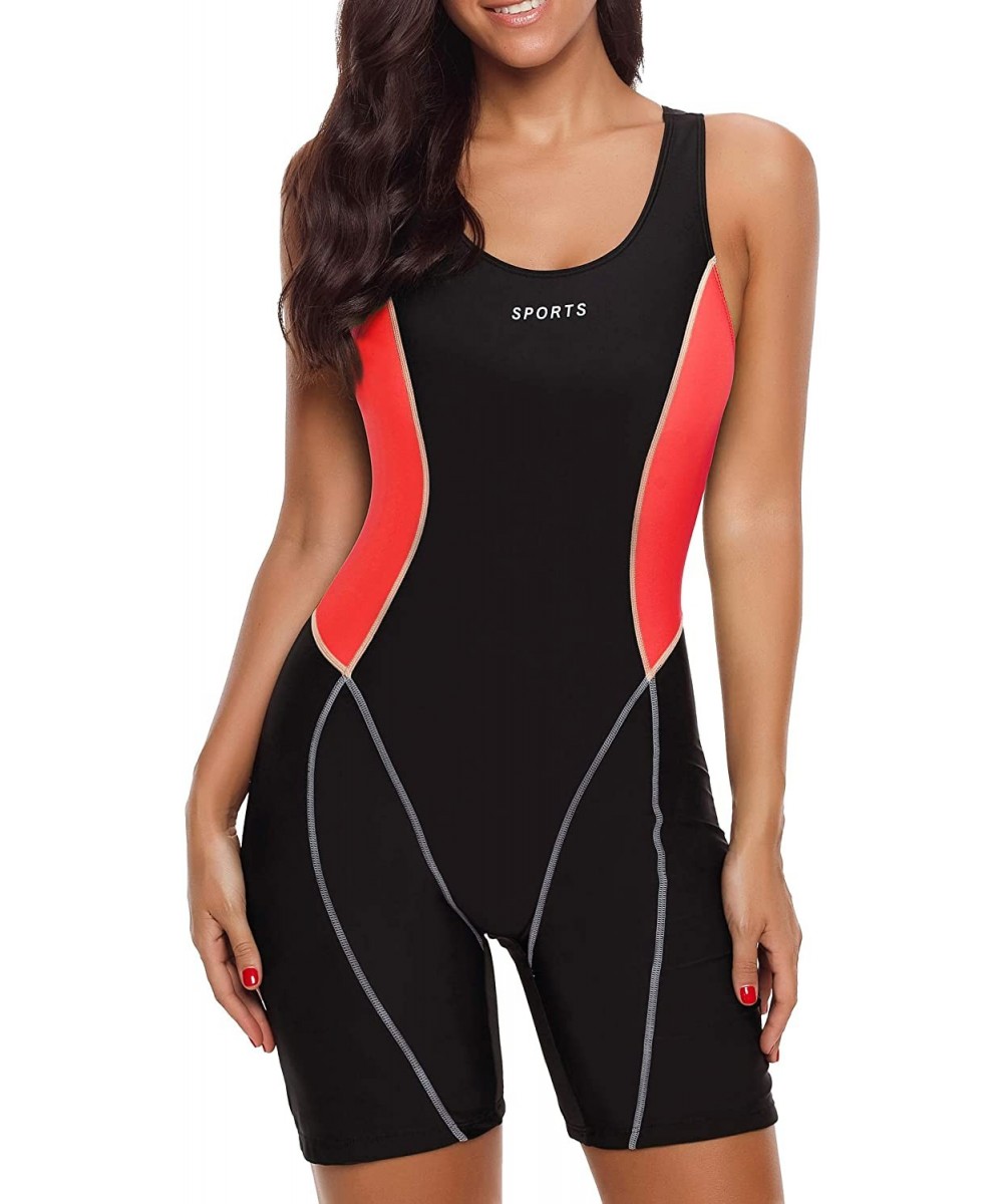 Womens Boy-Leg One Piece Swimsuit Pro Racerback Swimwear Racing Bathing Suit - Black / Orange Red - C418NKGO7A4 $21.82-One-Pi...