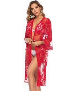 Women Hollow Out Crochet Lace Patchwork Cover Up Summer Swimwear Beachwear Bathing Suit Open Front Maxi Dress Red - CM199ZRDW...