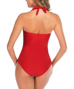 Women's One Piece Swimsuit Plus Size Halter Ruched Monokini Bathing Suit Tummy Control Padded Push Up Swimsuit Bikini - A-red...