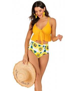 Women Two Piece Hihg Waisted Flounce Bikini V Neck Printed Swimwear - Yellow - CW19DCWS4YG $20.00-Sets