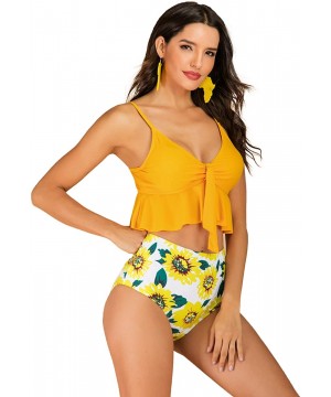 Women Two Piece Hihg Waisted Flounce Bikini V Neck Printed Swimwear - Yellow - CW19DCWS4YG $20.00-Sets