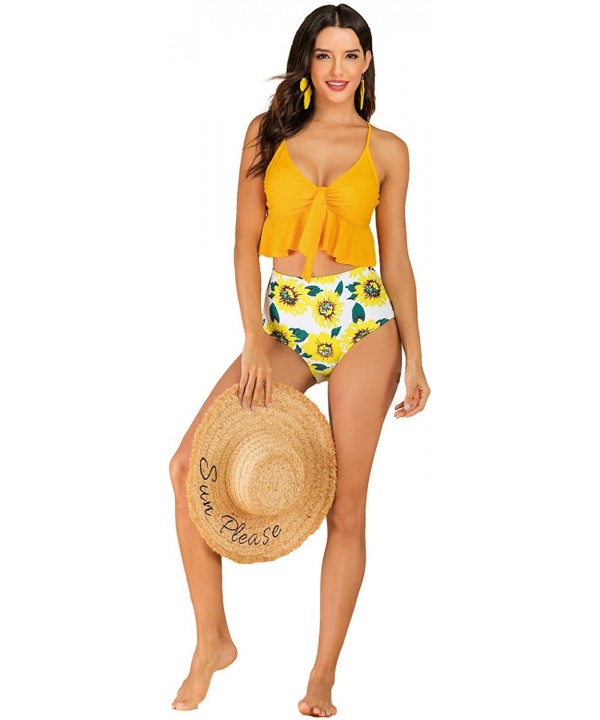 Women Two Piece Hihg Waisted Flounce Bikini V Neck Printed Swimwear - Yellow - CW19DCWS4YG $20.00-Sets