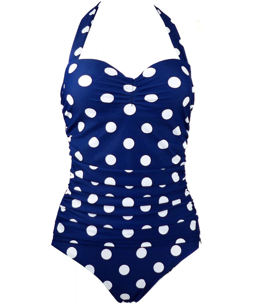 Women's 50s Retro Floral Swimsuit Ruching One Piece Vintage Swimwear Pin Up Monokinis(FBA) - Navyblue(fast Ship) - CR11M8R2VX...