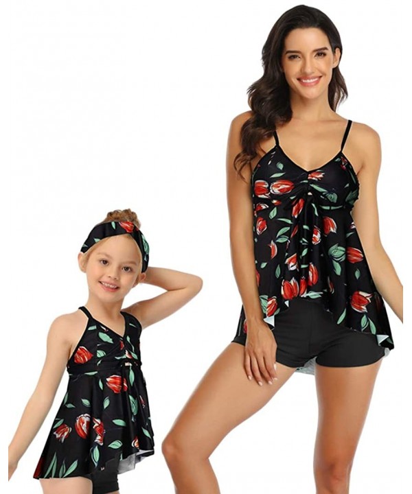 Girl's 2 Piece Ruffle Boyshorts Swimsuit Cross Back Floral Printed Beach Sport Tankini Set 2-14 Years - Black - CA195UHGEZN $...