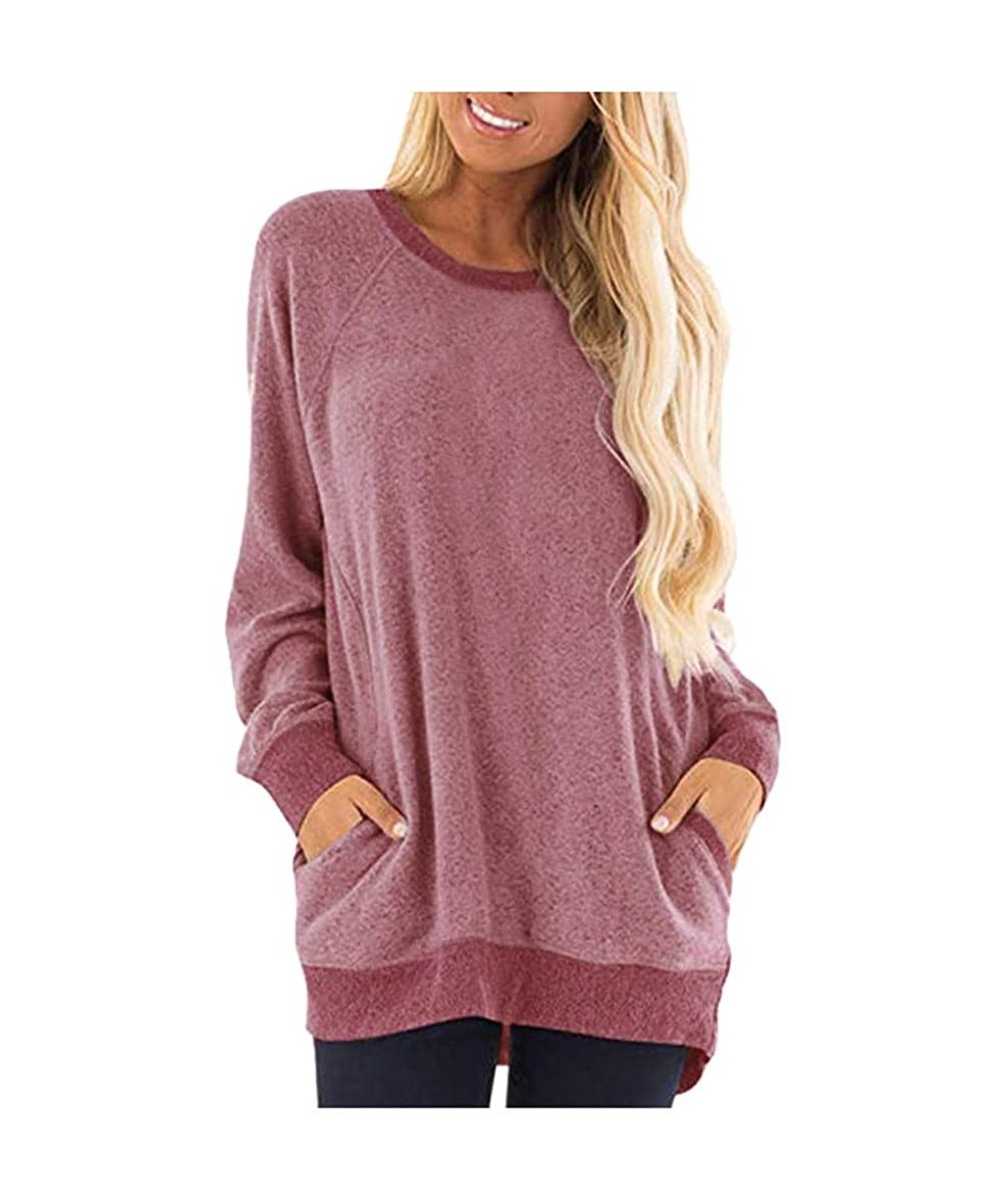 Women's Long Sleeve Crew Neck Cute Tunic Solid Tops Pocket T-Shirts Sweatshirt Tops Blouse - Red a - CP192O7E79W $14.18-Tankinis