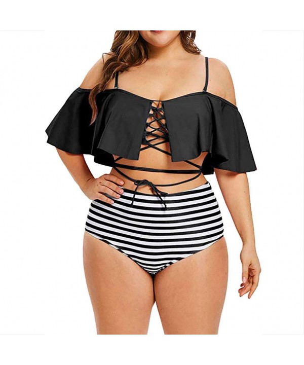 Women Plus Size Feather Stripe Print Siamese Bandage Lotus Leaf Off Shoulder Swimsuit Bikini Tankini Style b black - CU195TU0...