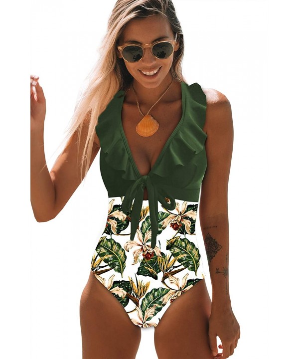 Women One Piece Swimsuit V-Neck Ruffle Bathing Suit Padded Monokini - Print 29 - CG19E7U4I09 $22.44-One-Pieces