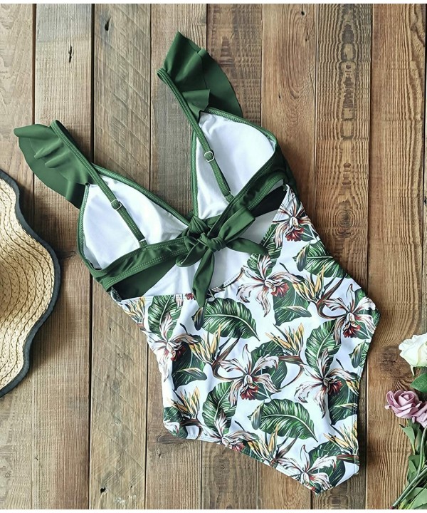 Women One Piece Swimsuit V-Neck Ruffle Bathing Suit Padded Monokini - Print 29 - CG19E7U4I09 $22.44-One-Pieces