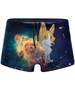 Mens Boxer Swimwear- Corgi Space Basic Cozy Brief Swimsuit- Comfortable Printed Beach Surf Swimming Trunks - Black - C718W78U...