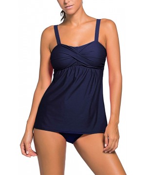 Women's Solid Ruched Tankini Top Swimsuit with Triangle Briefs - Blue C - CZ18ROQTZHK $23.58-Tankinis