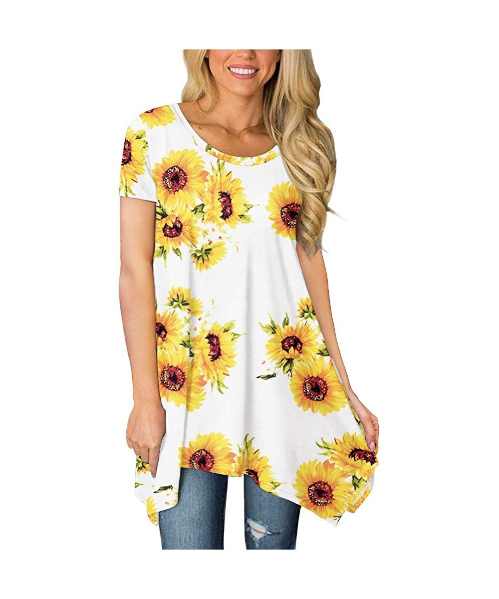 Womens Summer Short Sleeve Irregular Hem Loose Tunic Tops Flowy Blouses Shirt - Sunflower-w - C3196ONDNTK $24.10-Cover-Ups