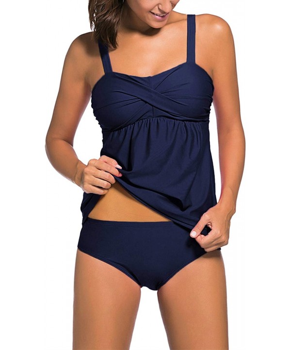 Women's Solid Ruched Tankini Top Swimsuit with Triangle Briefs - Blue C - CZ18ROQTZHK $23.58-Tankinis