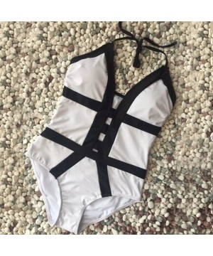 Women's One Piece Swimsuit Tummy Control Athletic Sexy Vintage White Black Color Block Thong Bikini Bathing Suit White - CH19...