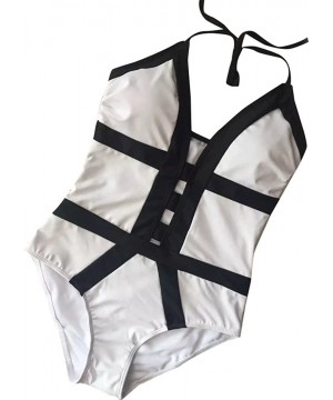 Women's One Piece Swimsuit Tummy Control Athletic Sexy Vintage White Black Color Block Thong Bikini Bathing Suit White - CH19...