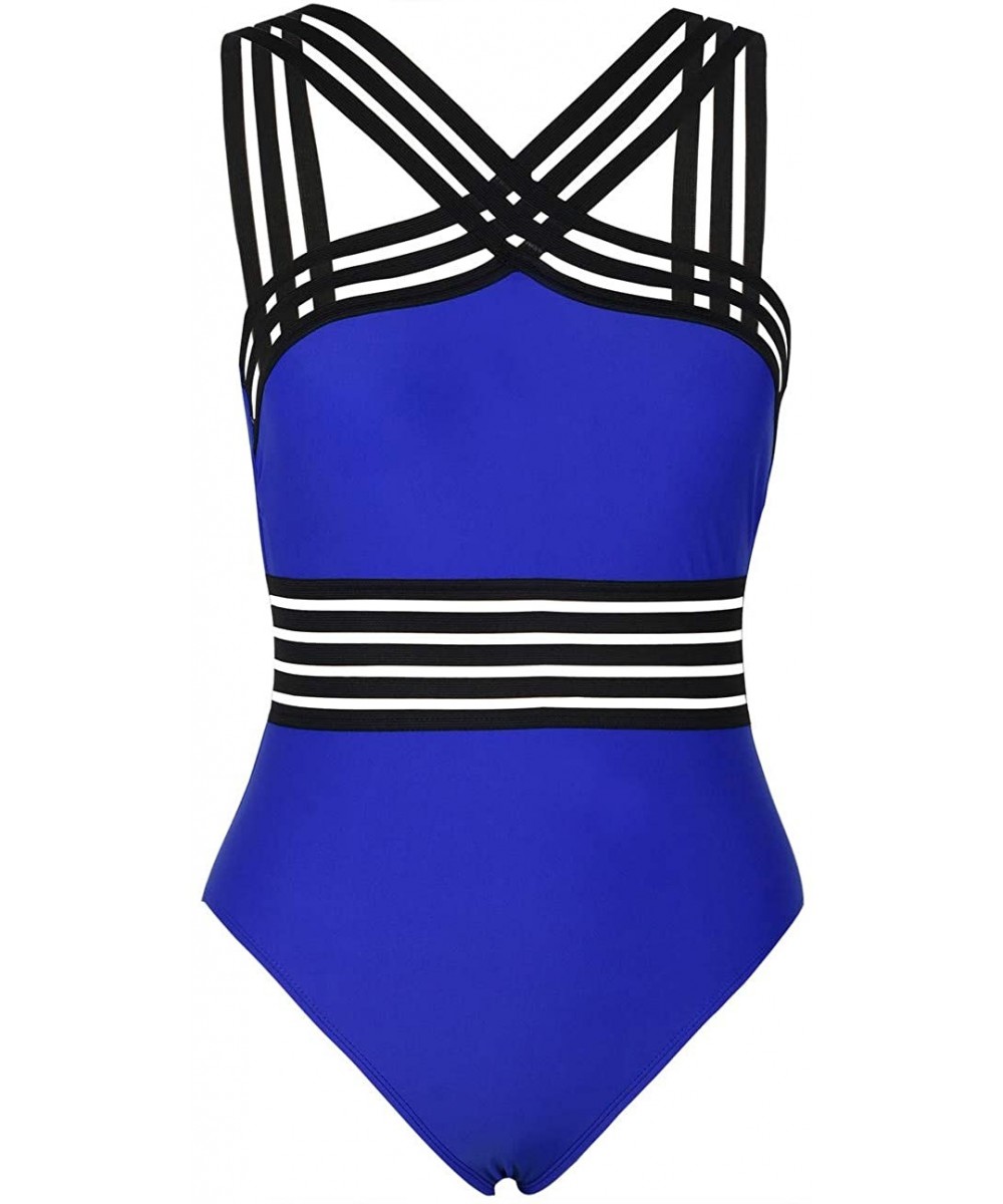 Women's High Neck One Piece Swimsuit Crosscriss Straps Bathing Suits High Waisted Monokini Swimwear - Royal Blue - CW18QWG88U...