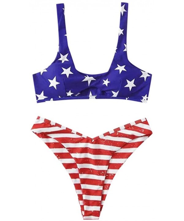 4th of July Bathing Suits for Women USA Letter Print Star Graphic Bikini Swimsuit with High Cut Bikini Bottoms Blue 3 - CX19C...