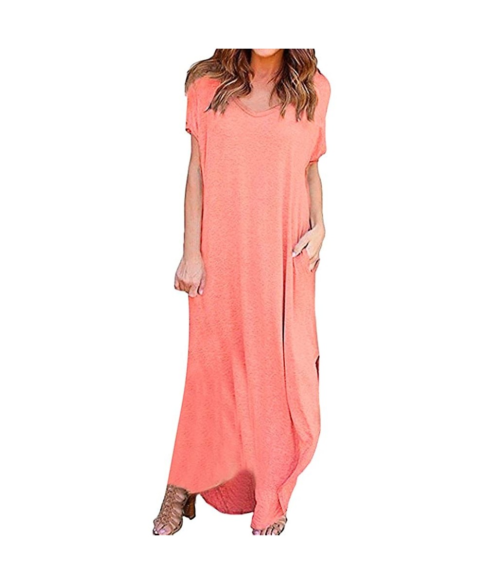 Women's Summer Maxi Dress Casual Loose Pockets Long Dress Short Sleeve Split Beach Sundress - Pink - CF19C72N605 $18.64-Cover...