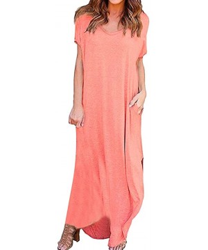 Women's Summer Maxi Dress Casual Loose Pockets Long Dress Short Sleeve Split Beach Sundress - Pink - CF19C72N605 $18.64-Cover...