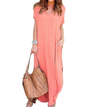 Women's Summer Maxi Dress Casual Loose Pockets Long Dress Short Sleeve Split Beach Sundress - Pink - CF19C72N605 $18.64-Cover...