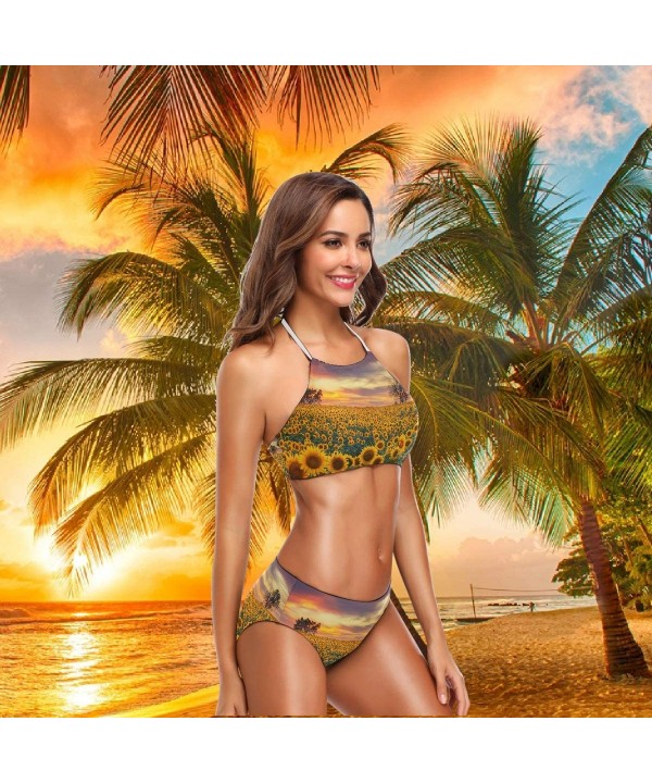 Women 2 Piece Sunflower Field Halter Neck Swimsuit Set Bathing Suits - CC18SYQZCY9 $20.04-Racing