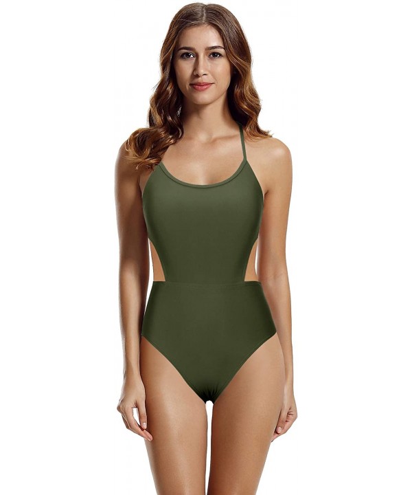 Women's Strappy Cross Back High Waisted One Piece Monokini Bathing Suit - Olive - New - C518R0AGZ57 $23.39-One-Pieces