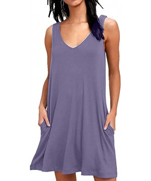 Women's Summer Casual T-Shirt Dresses Beach Cover up with Pockets Plain Pleated Tank Dress - Violet - CS18RNSG5XG $13.05-Cove...