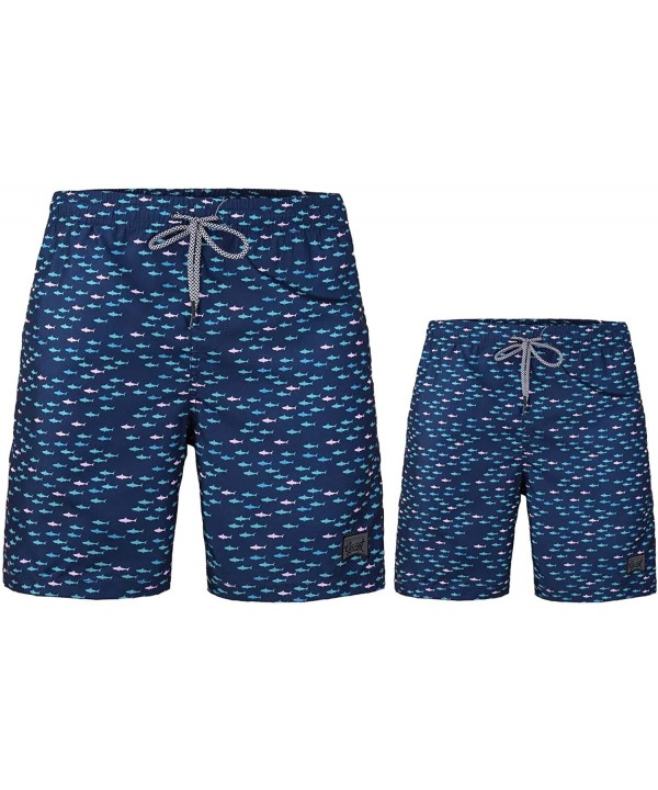 Father and Son Swim Trunks Family Matching Beachwear Swimsuits One-Piece Graphic with Pocket Mesh Lining - Fish-navy - CV18UE...