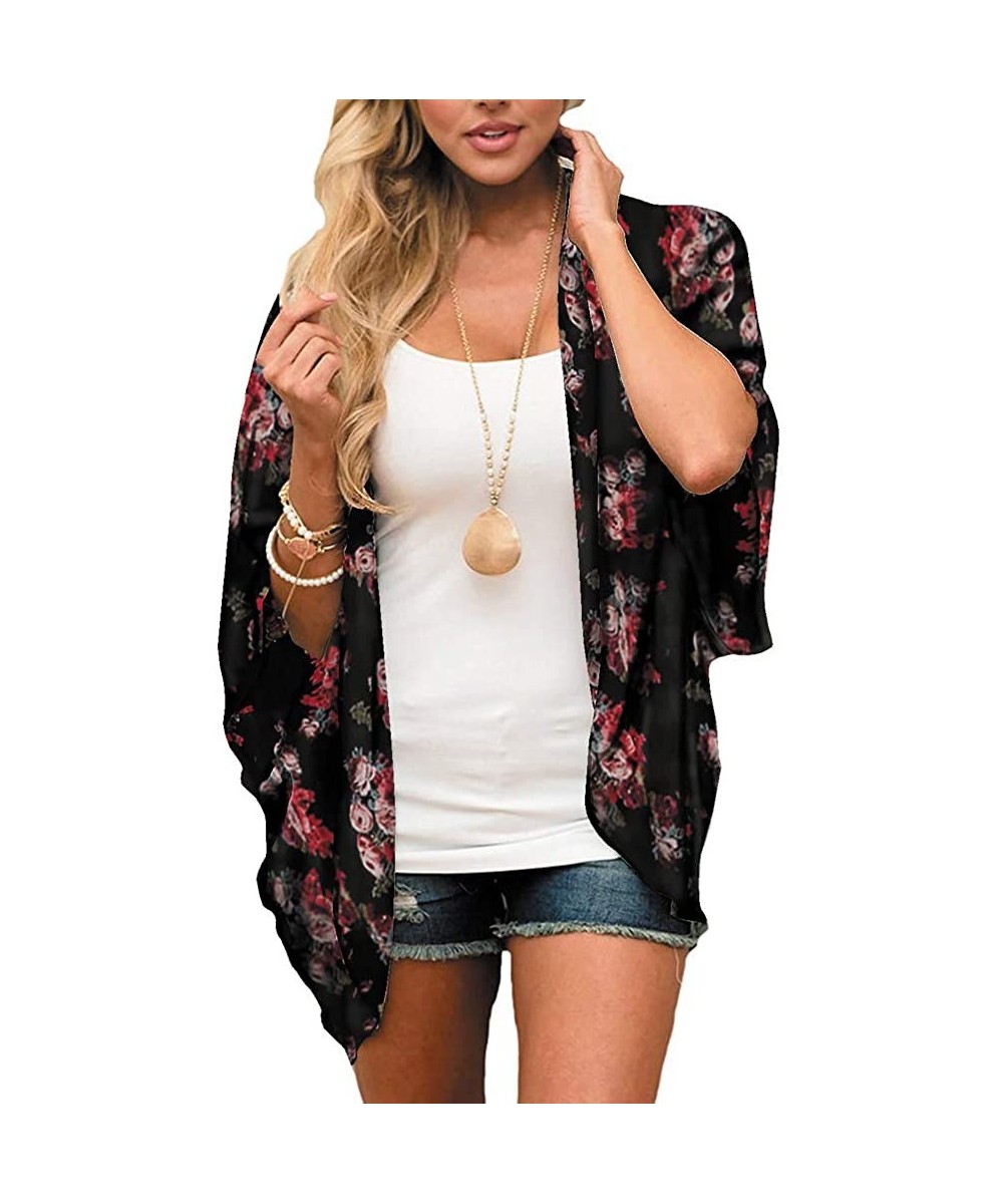 Women Chiffon Printed Cardigan Kimono Robe Tops Beach Bikini Cover up Blouse - 001-black&red - CU18RZKQM93 $11.46-Cover-Ups