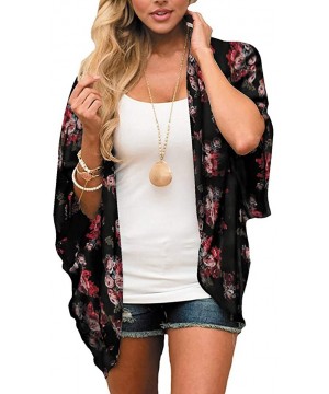 Women Chiffon Printed Cardigan Kimono Robe Tops Beach Bikini Cover up Blouse - 001-black&red - CU18RZKQM93 $11.46-Cover-Ups