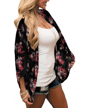 Women Chiffon Printed Cardigan Kimono Robe Tops Beach Bikini Cover up Blouse - 001-black&red - CU18RZKQM93 $11.46-Cover-Ups