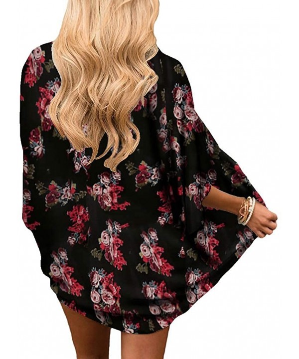 Women Chiffon Printed Cardigan Kimono Robe Tops Beach Bikini Cover up Blouse - 001-black&red - CU18RZKQM93 $11.46-Cover-Ups