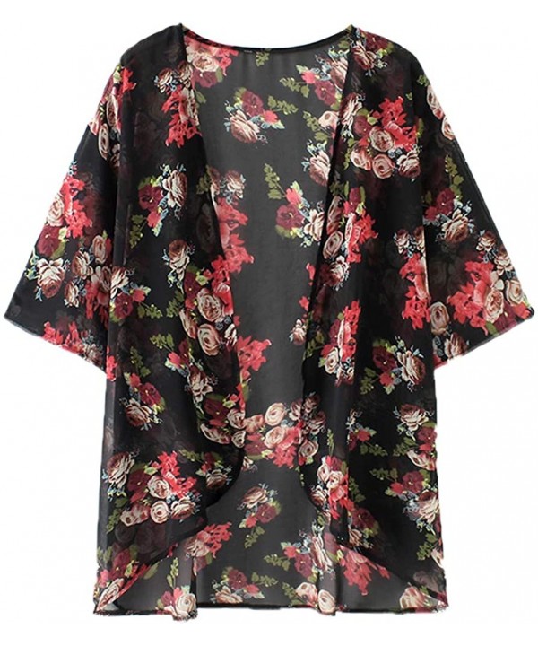 Women Chiffon Printed Cardigan Kimono Robe Tops Beach Bikini Cover up Blouse - 001-black&red - CU18RZKQM93 $11.46-Cover-Ups