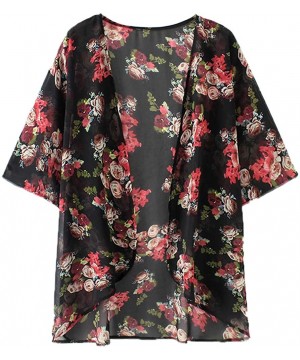 Women Chiffon Printed Cardigan Kimono Robe Tops Beach Bikini Cover up Blouse - 001-black&red - CU18RZKQM93 $11.46-Cover-Ups