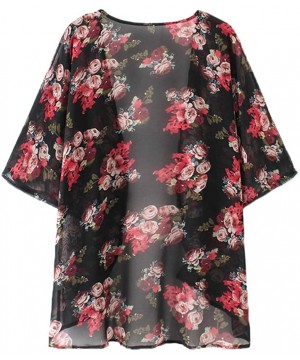 Women Chiffon Printed Cardigan Kimono Robe Tops Beach Bikini Cover up Blouse - 001-black&red - CU18RZKQM93 $11.46-Cover-Ups